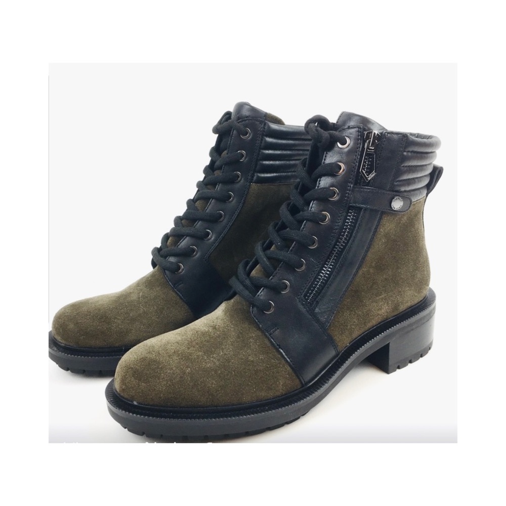 Botkier lace up moto combat boots in suede and leather in khaki